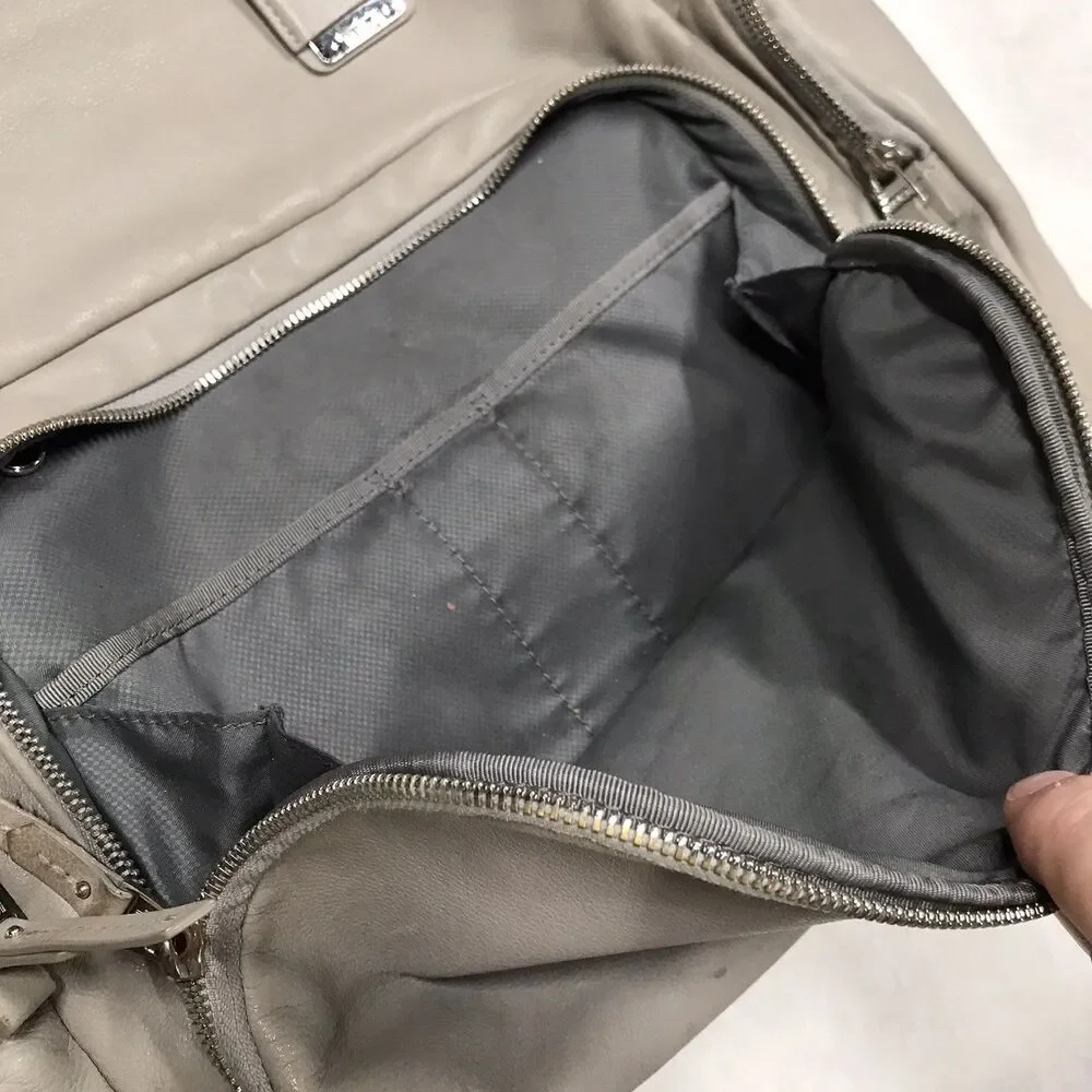 TUMI Voyageur Calais Laptop Backpack Leather Travel Gray Side Zip Padded Shoulde